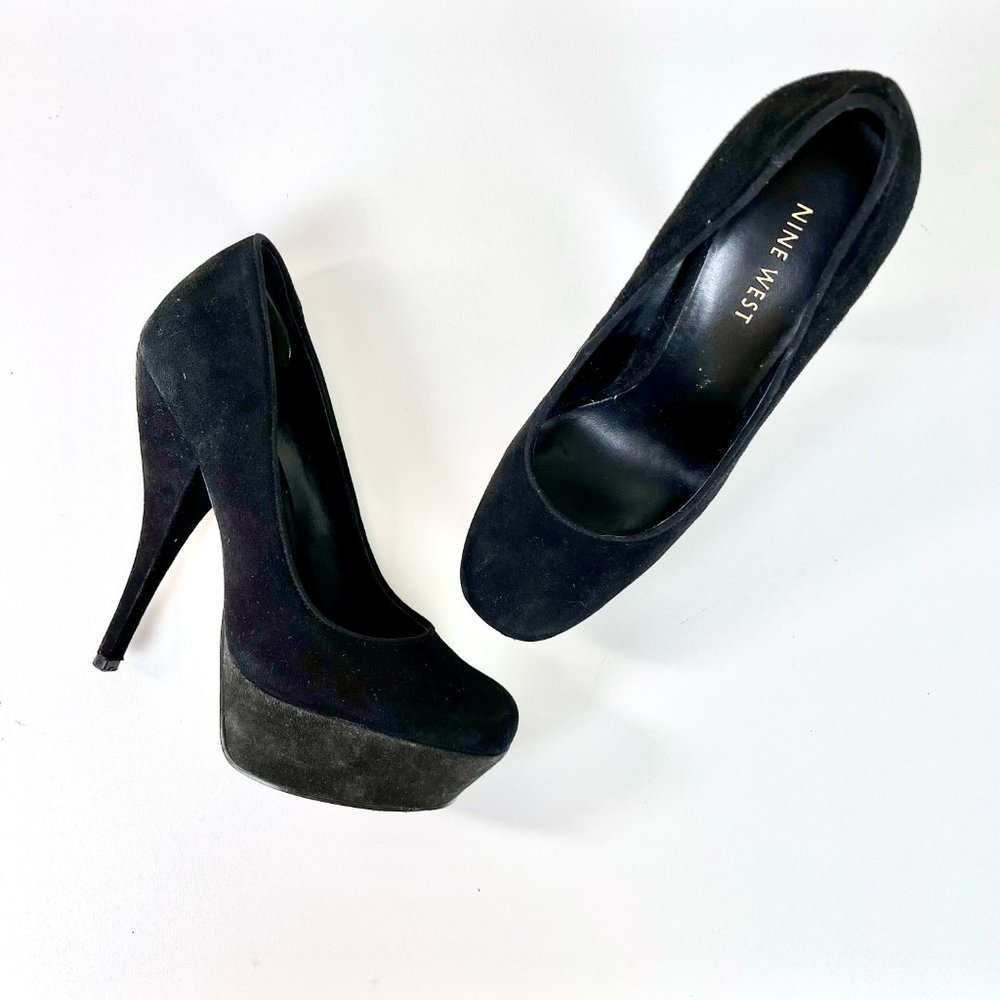 Nine West Piggy Black Leather Suede Platform Heel Pumps